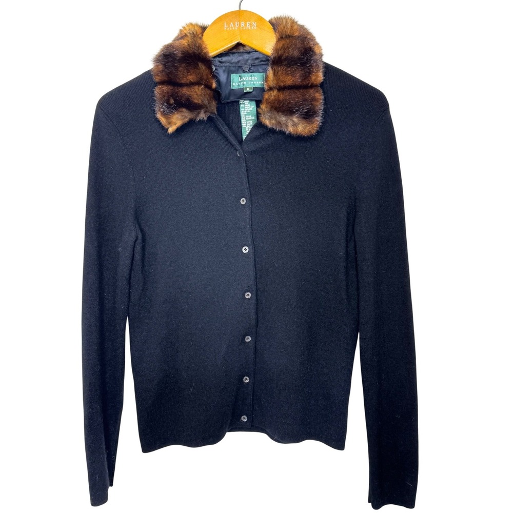 Vintage Lauren Ralph Lauren Wool/Angora Blend Cardigan Faux Fur Collar Medium